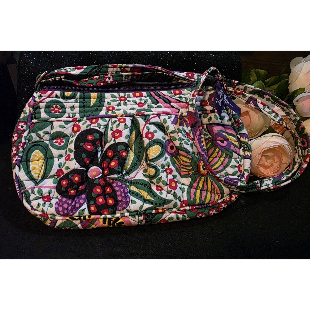 Vera Bradley Quilted Cotton Shoulder Bag Floral Butterfly Print Multicolor